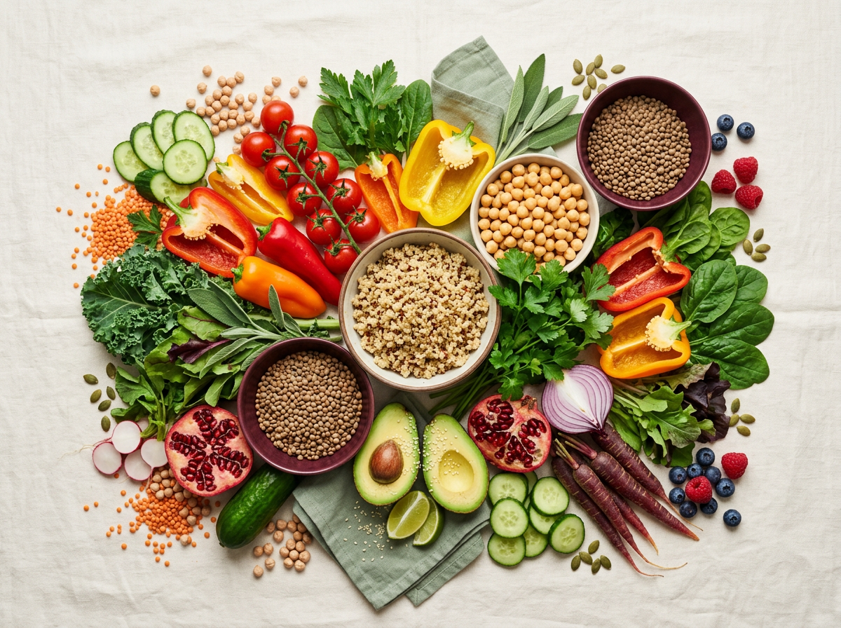 Composizione colorata di verdure, legumi, cereali e frutta